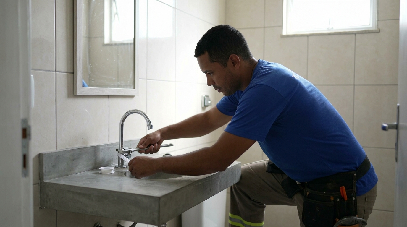 Encanador instalando torneira em Porto Seguro‑BA