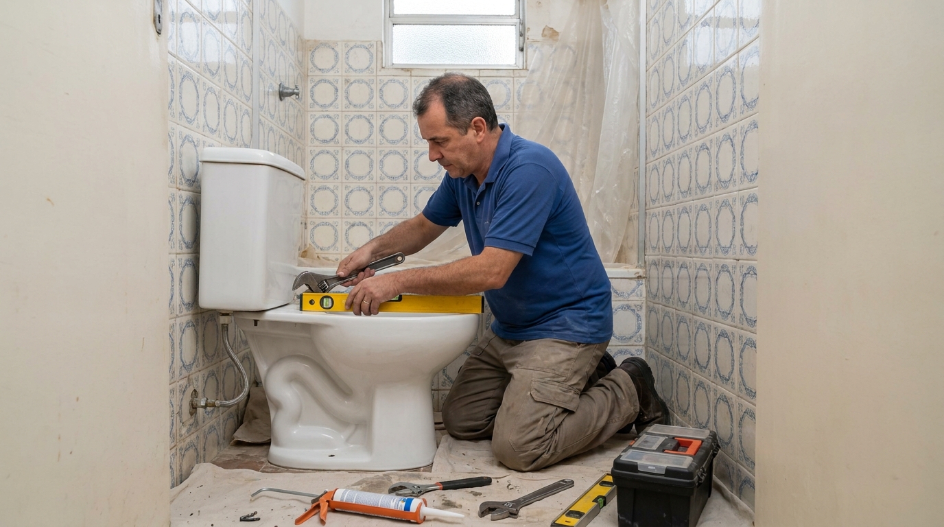 Técnico instalando vaso sanitário em Porto Seguro‑BA